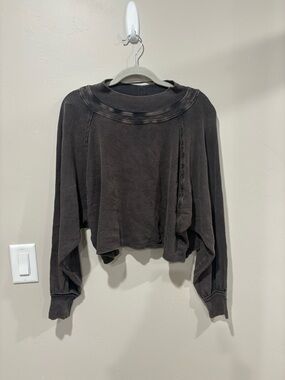 We The Free Cropped Waffle Knit Sweatshirt - Charcoal Brown